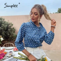 simplee office lady turtleneck polka dots women blue shirt autumn causal ladies skinny top female regular sleeves blouse 2021