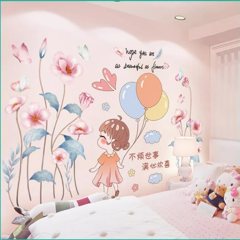 

Flowers Plants Wall Stickers DIY Cartoon Girl Balloons Wall Decals for Living Room Kids Bedroom Nursery Kitchen Home Decoration