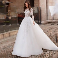 boho long sleeves wedding dresses 2022 luxury elegant illusion lace appliqued tulle a line buttons back o neck bridal gowns sexy