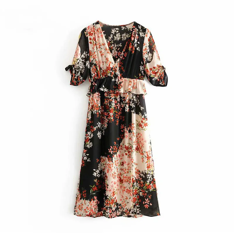 Винтажный цветочный принт Высокая талия шифон женское платье миди v образный