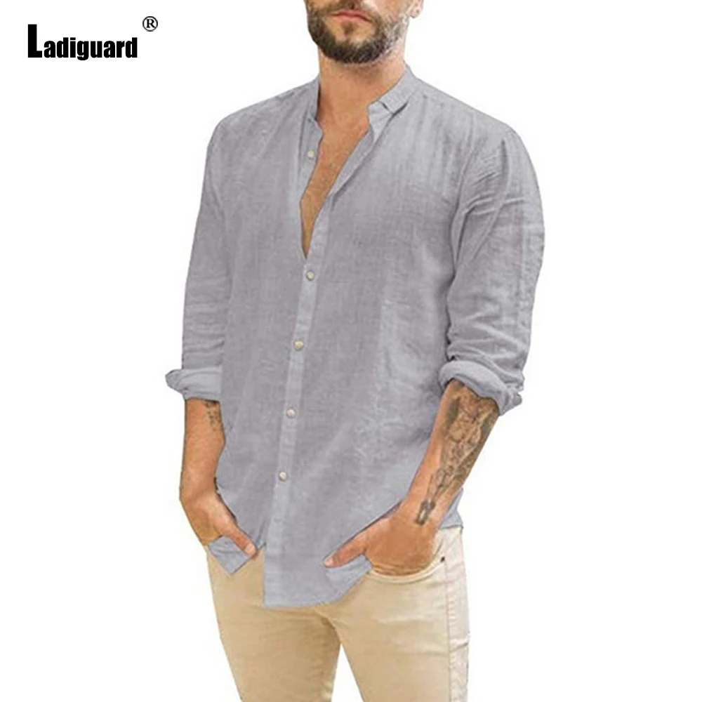 Ladiguard Plus Size Mens Fashion Shirt Gray Blouses 2021 Single Breasted Tops Clothing Long Sleeve Casual Male Shirt blusas