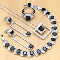 silver 925 bridal jewelry black stone white crystal jewelry sets for lady wedding earringspendantnecklaceringsbracelet
