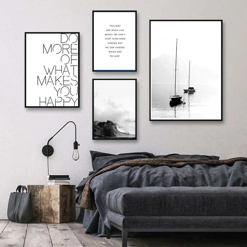 

Black and White Beach landscape Canvas Painting Lake Boat Posters And Prints Wall Pictures Home Living Room Wall Decoration