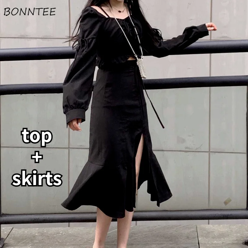 

Женские комплекты, топ на шнуровке, милая готическая Черная юбка миди с разрезом, уличная одежда, привлекательная Корейская винтажная Женск...