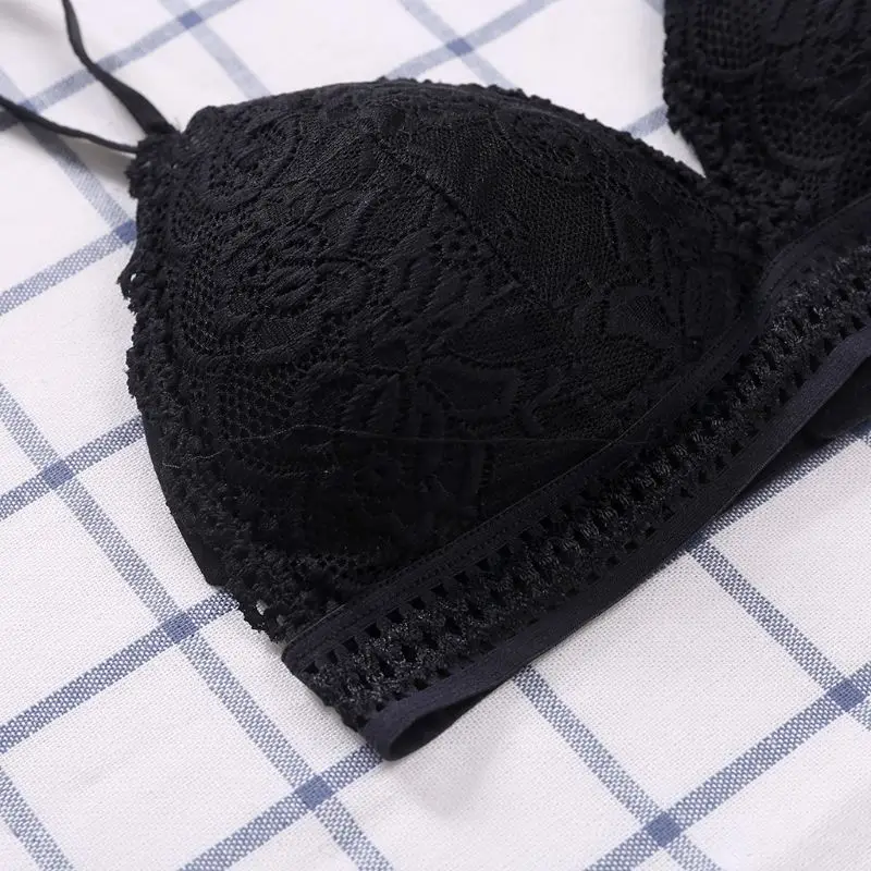 Women V Neck Floral Lace Triangle Bra Solid Color Hollow Out Elastic Trim Wireless 3/4 Cup Bralette Adjustable Strap Removable