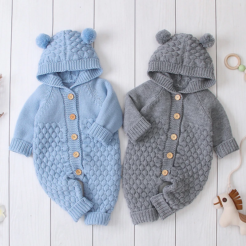 

New 2020 Baby Boys Girls Hooded Rompers Clothes Children Infant Baby Boy Girl Kids Knitting Long Sleeve Rompers