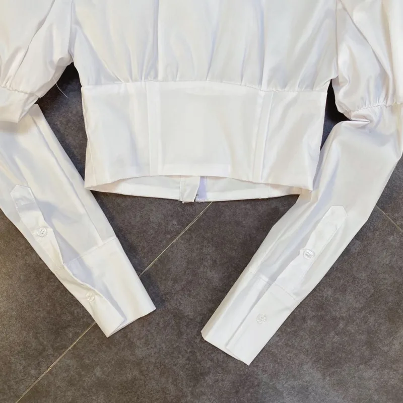 

2020 New Autumn Fashion Casual Turn-down Collar Long Puff Sleeve Patchwork Slim Knitted Shirt Top Blouse Women C102