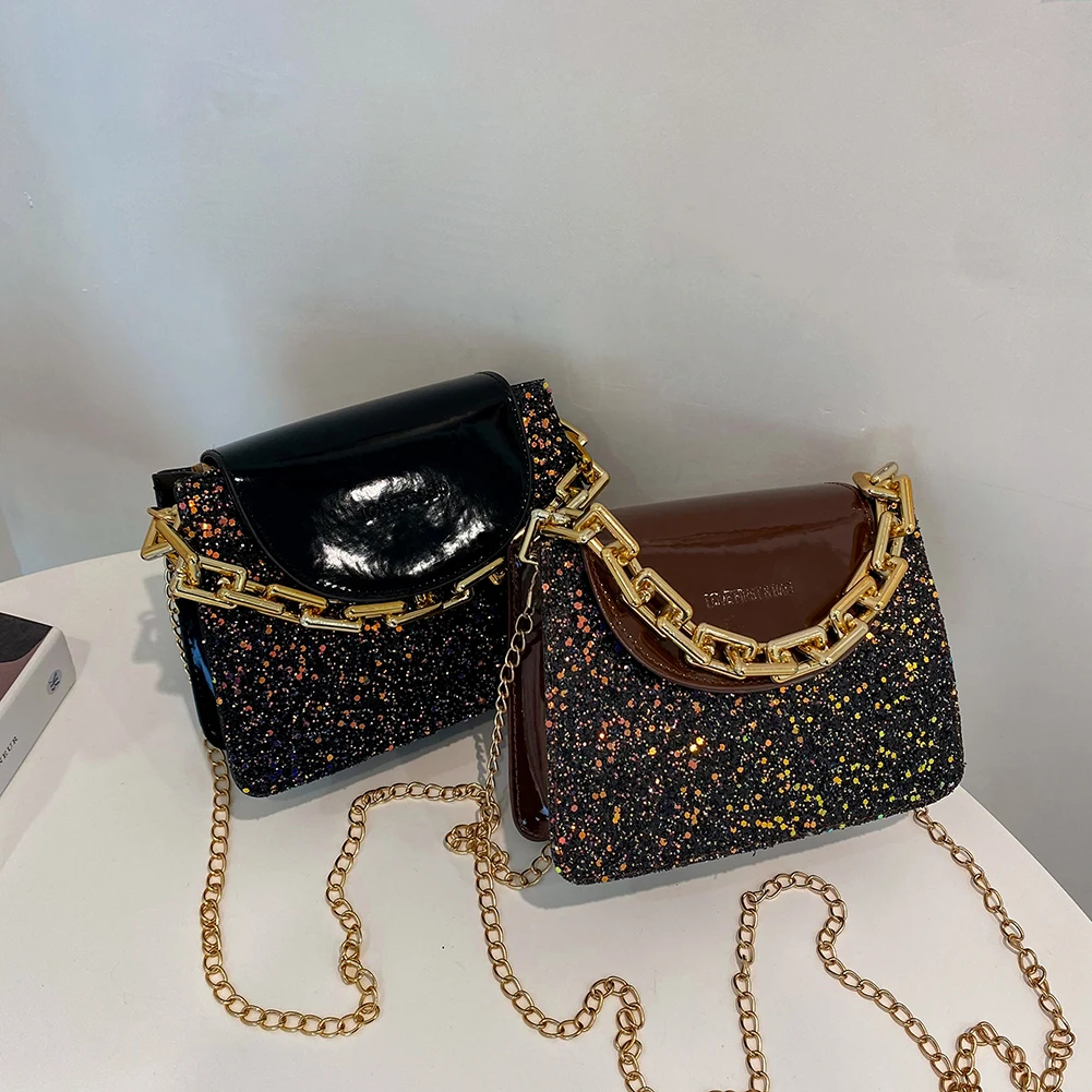 

Fashion Thick Chain Sequins Shoulder Crossbody Bags For Women PU Leather Messenger Bag Casual Ladies Small Handbags Flap Satchel