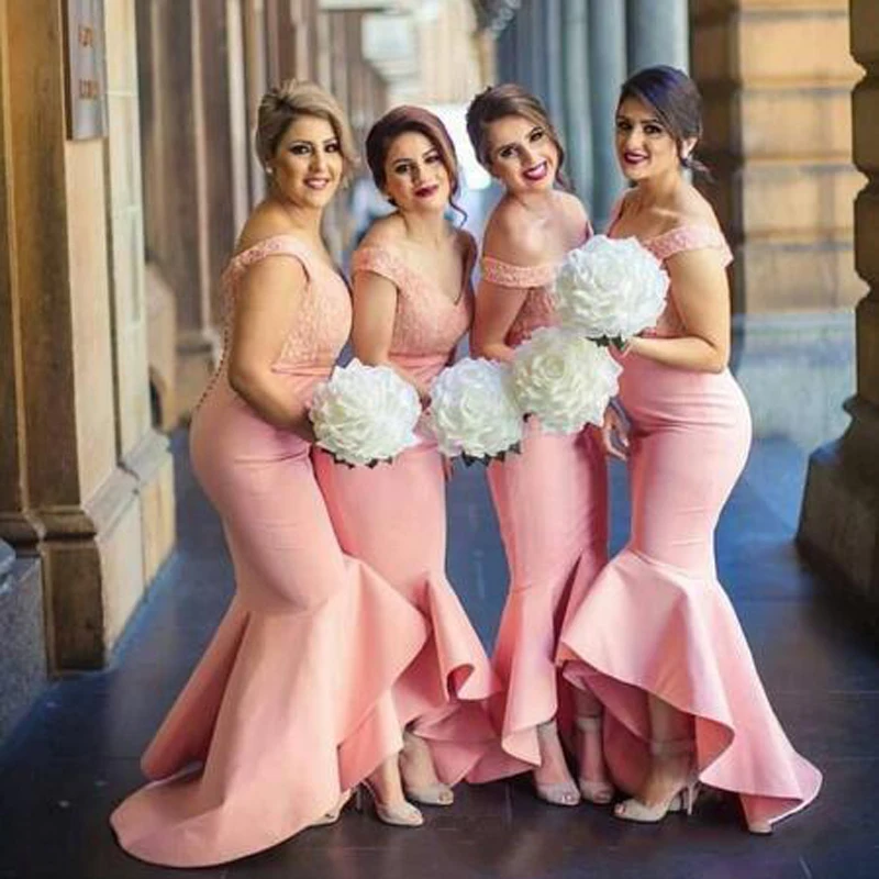 

New Arabic Bridesmaid Dresses Ruffles Lace Applique Mermaid Wedding Guest Maid of the Honor Dress Pink vestido de festa longo