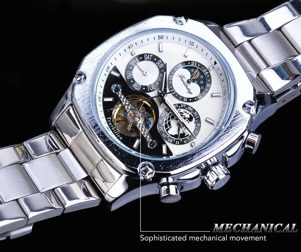 Forsining квадратные мужские механические наручные часы Tourbillon Moon Phase Calendar автоматическое Деловое платье ремни для наручных часов из нержавеющей стали