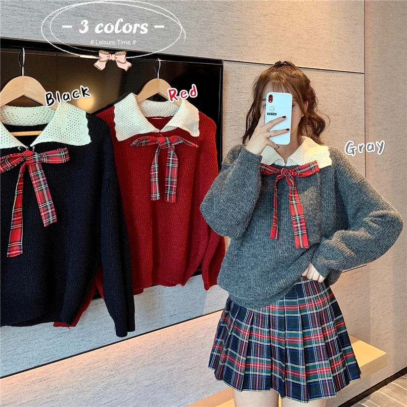 

Fall Preppy Girls Lolita Kawayi Sweetie Bowtie Sweaters Basic Students Harajuku