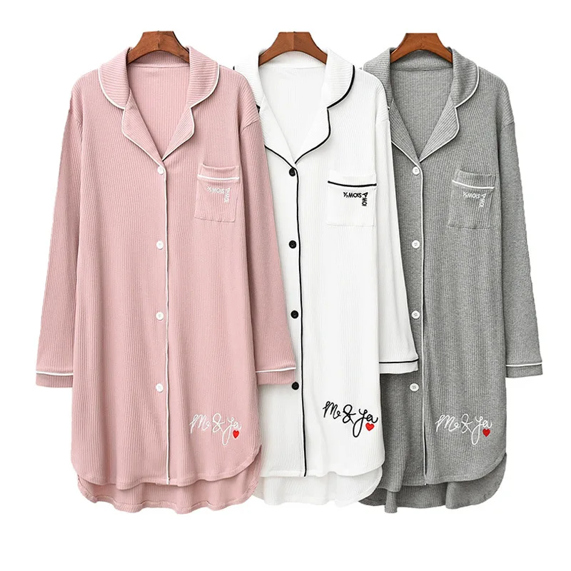 

Spring And Autumn Pyjamas Korean Nightdress Female Lapel Pit Cotton Long-Sleeved Letter Embroidery Mid-Length Dress Nightdress