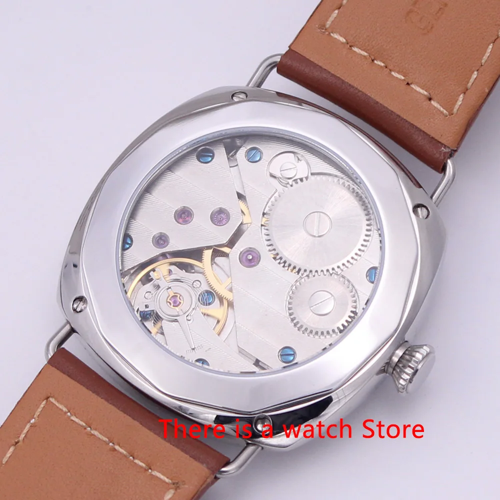 

45mm Watch Men Hand Winding Mechanical Movement Stainless Steel Case Luminous Waterproof Leather Strap Wristwatch Men