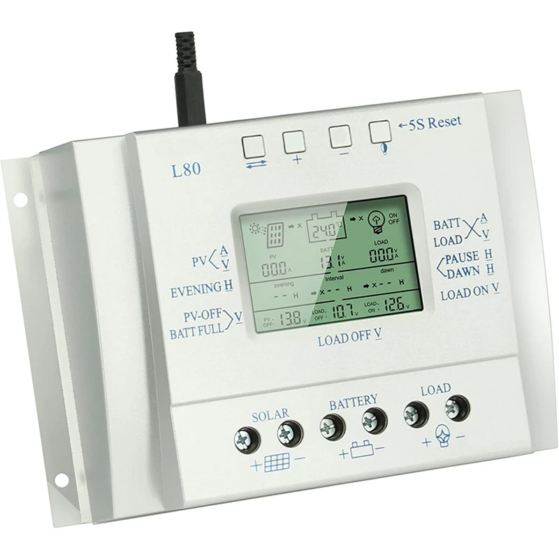 

Устройство управления зарядом солнечной батареи, 80 А, ШИМ, регулятор заряда солнечной панели с таймером нагрузки, с ЖК-дисплеем, контроль За...