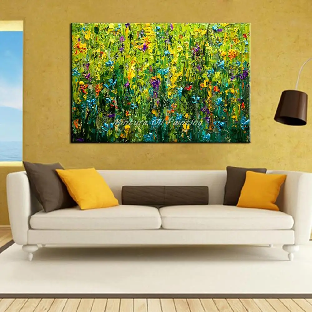 Минтура Ручная роспись на холсте маслом с густой текстурой абстрактных цветов травы для украшения стены спальни современное художественное изображение.