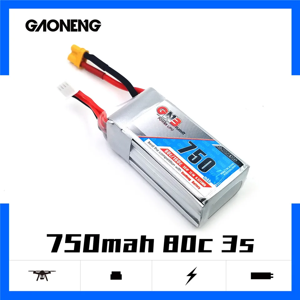 

Gaoneng GNB 750mAh 3S 11.1V 80C Lipo Battery XT30 Plug Connector for FPV RC Racing Drone Tinywhoop Frame Kit Parts Accessories