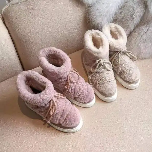 

100% pure wool snow boots female 2022 new flat with short tube warm cotton shoes muffin bottom thick bottom round head comfortab