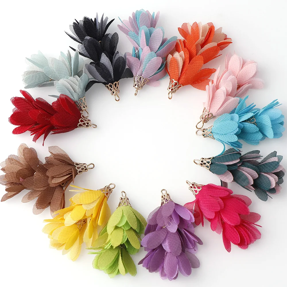 

6Pcs/52mm Mix Color Silk Polyester Satin Fabric Flower Tassel Charms Drop Earring For DIY Jewelry Making
