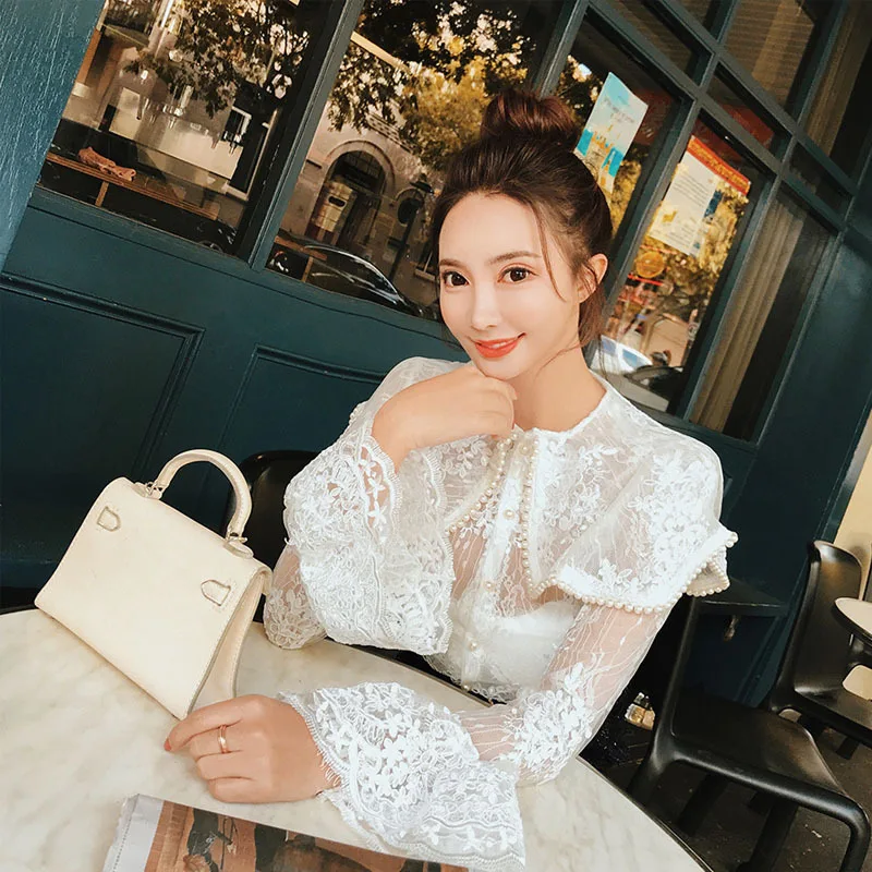 2020 Фирменная Новинка жемчуг Бисер отложным воротником кружевная рубашка с