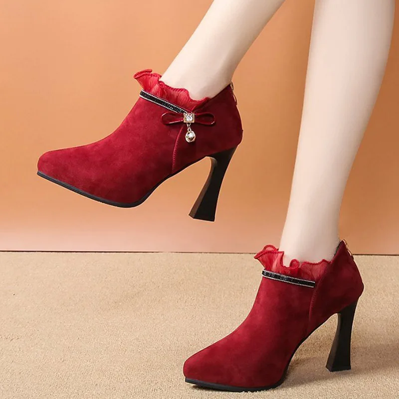 2020 Winter Women Bare Boots Super High Heels Dress Shoes Black Crystal Lace Pumps Pointed Toe Booties Ladies Red 8435C | Обувь