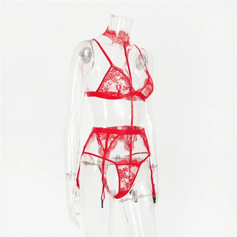 

Transparent Lace Lingerie Set Sexy Women Thong Red Bra Harness Hot Erotic Three Piece Suit Waist Shaper Garter Ladies Panties