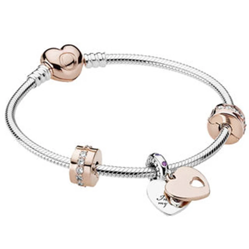 

2020 100% 925 Brand New 1:1 Charm Elegant Zircon Enchanting Heart Pendant & Rose Gold Bracelet Set For DIY Gifts