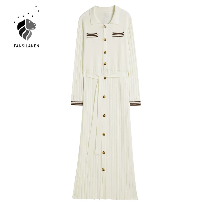 

FANSILANEN Striped white long knitted sweater dress Women long sleeve spring elegant dress Female slim belt casual office dress