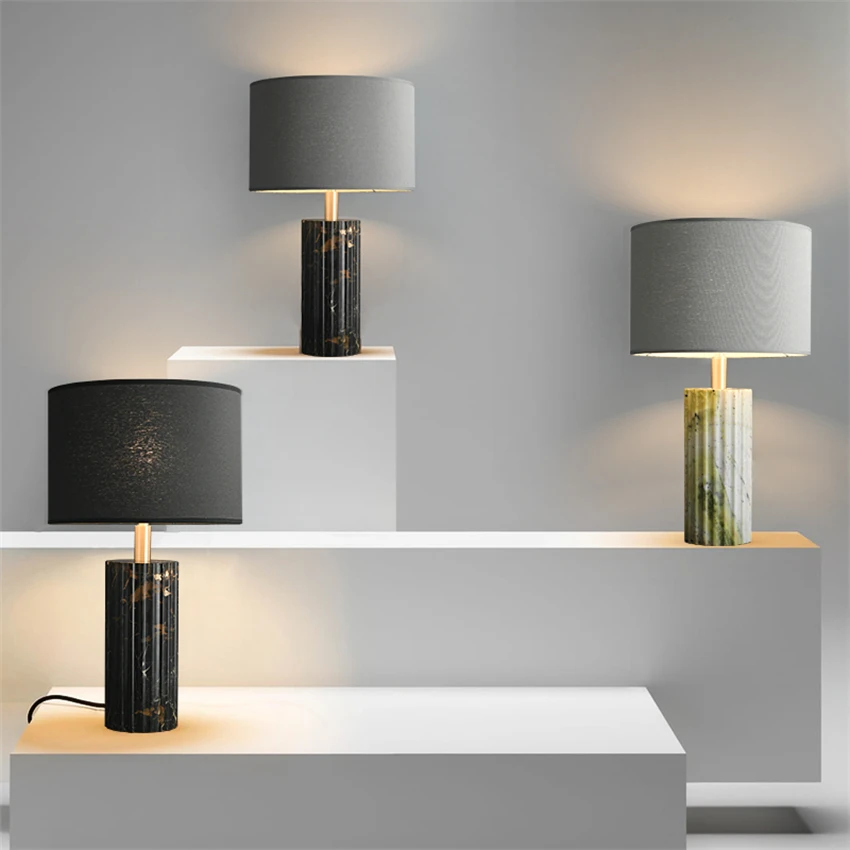 

Luxury marble round fabric table lamps Modern bedroom desk lamp Bedside designer living room decorative lighting table lights