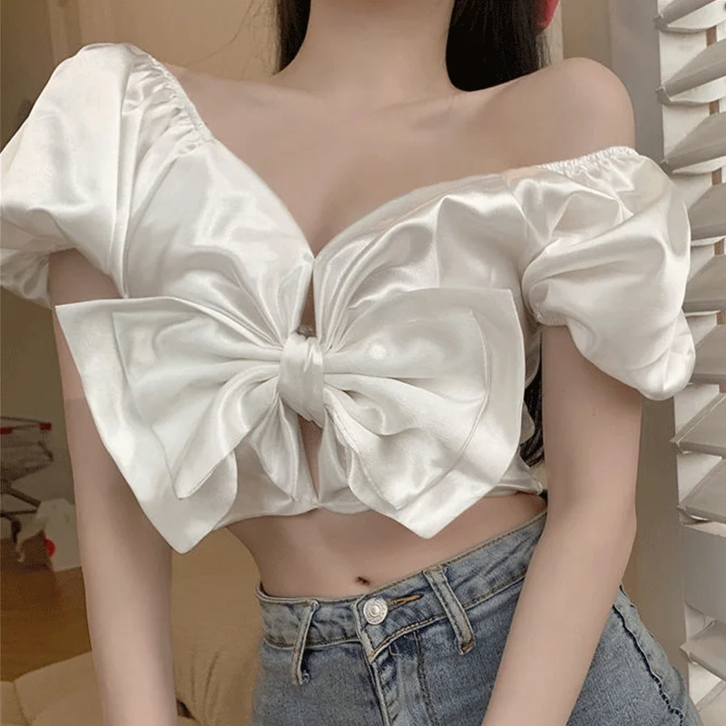 Sexy Satin Crop Top Women Bow Knotted Short Tank Tops Off Shoulder Cropped Feminino Blouses Y2k Sash Short Sleeve Cami Top PINK