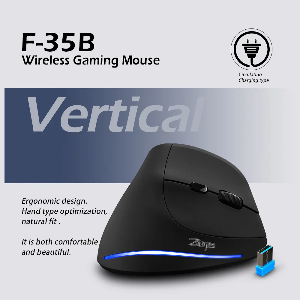 ZELOTES Bluetooth Mouse Vertical Wireless Mouse Recharge Optical RGB USB Game Mice For Windows Mac 2400 DPI 2.4 G For PUBG LOL