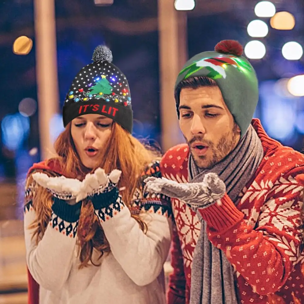 

Christmas Knit Warm Lighting Hat Ladies Winter Knitted Hat Knitted Beanie With Glow Santa Claus Pattern For Children Men Gift