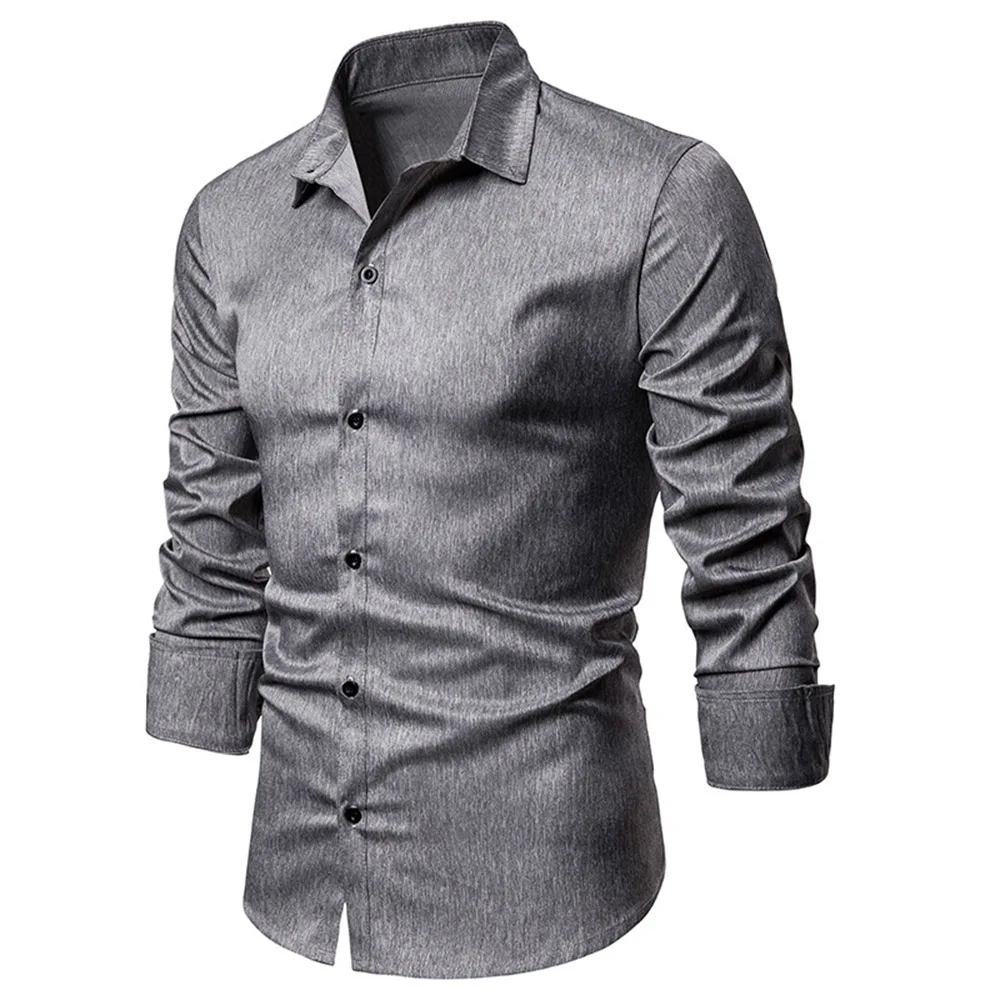 Solid Gray Classic Men Shirt Spring Autumn Brand Fashion Basic Office Casual Tops Long Sleeve Shirts Men's Clothes Work Business |