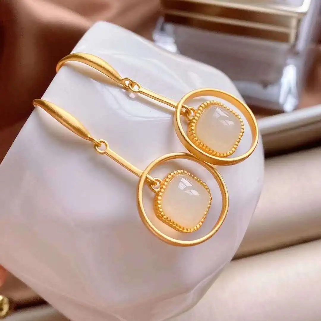 

S925 Sterling Silver Natural Hetian Jade White Jade Earrings Ancient Style Earrings Personality round Beads Temperament Ladies S
