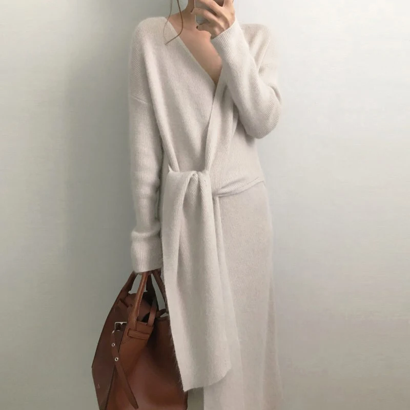 Elegant Women Jumper Autumn Casual Solid Color Loose Tunic Knitwear Belted Cashmere Sweater Sexy V Kneck Knitted Long Section |