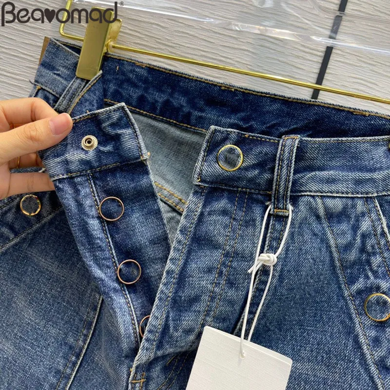 Bearomad 2021 Fashion Woman Blue Slim Denim Shorts High Waist Pockets Button Moderate Washing Bottoms Women's Shorts