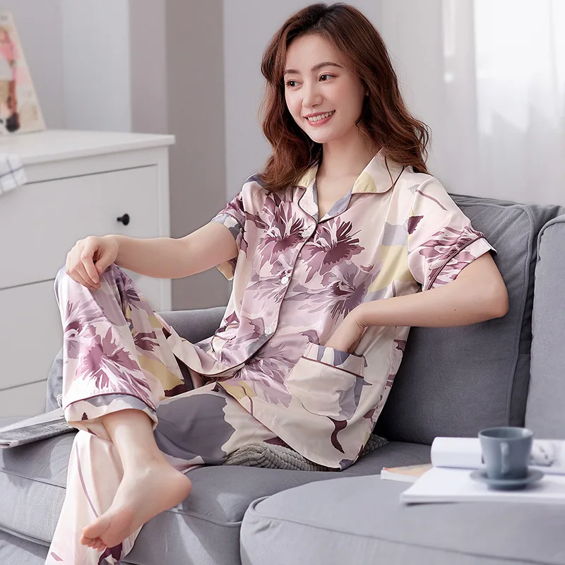 Summer Silk Pajamas Women's Silk Cardigan Short-sleeved Trousers Two-piece Suit Women's Casual Loose Home Wear Women's Pajamas