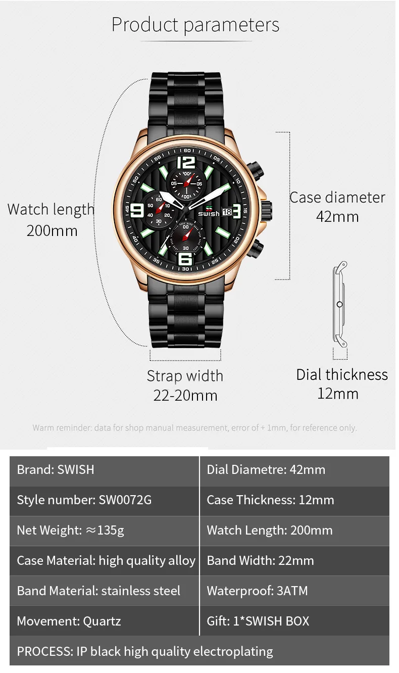 Мужские наручные часы с хронографом брендовые Роскошные деловые SWISH календарем
