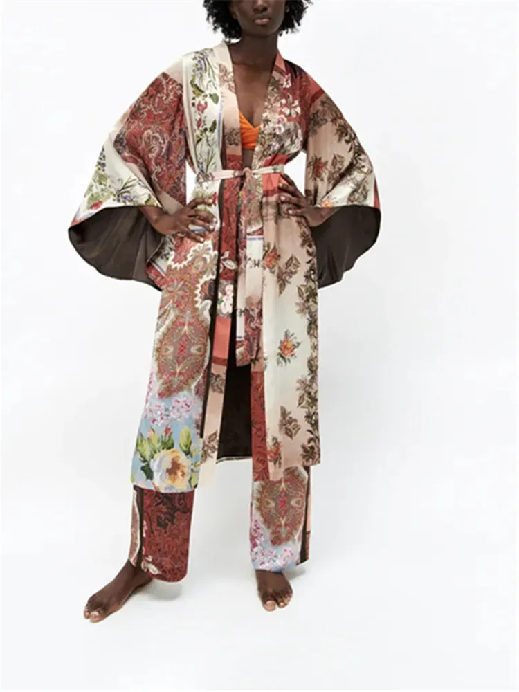 

ZA 2021 summer new women's clothing European and American style retro mid-length patchwork printed kimono outerwear pants suit