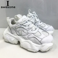 white genuine leather fashion womens chunky sneaker 2019 platform women dad sneakers thick sole shoes lace up casual flats