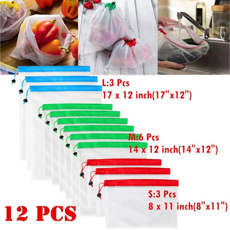 12PCS Mesh Produce Bags Food Household Reusable Fruit Storage Pouch Stitching Drawstring for Shopping Travelling | Дом и сад