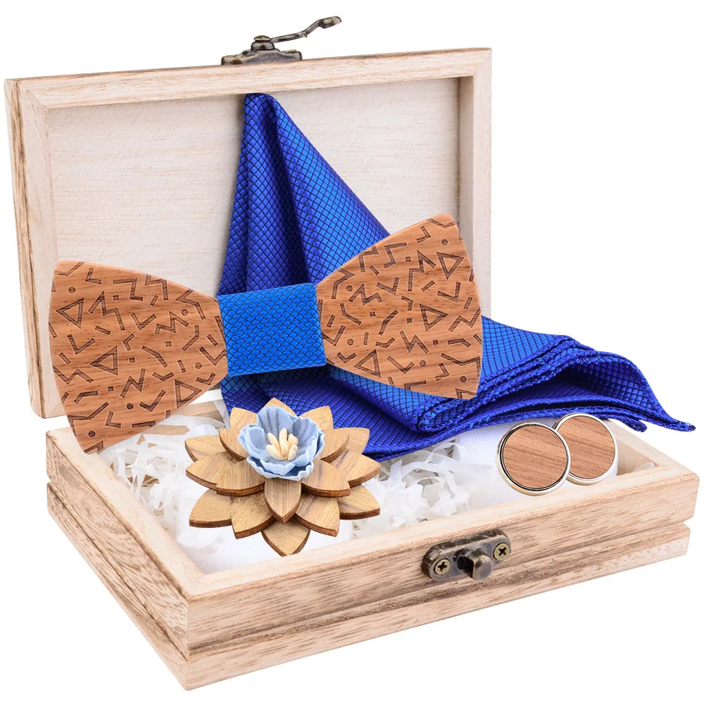 Мужской однотонный деревянный галстук бабочка набор из дерева платок запонки