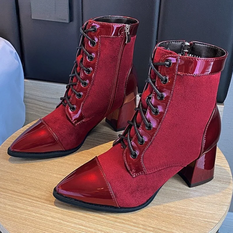 

Ankle Boots Women Fashion Pointed Toe High Heel Shoes Winter Ankle Boots Lace Up Zip Ladies Shoes Black Pink Boots goth shoes