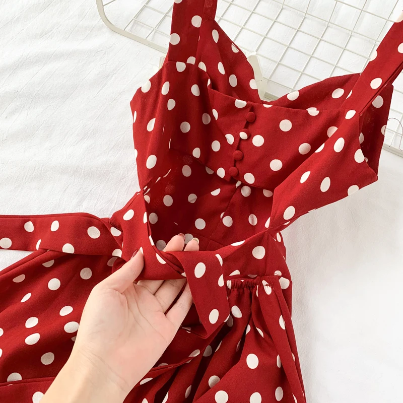 

Dot A-line High Waist Summer Dress 2021 Sexy Chiffon V Neck Vestidos Beach Style Elegant Korean Long Dresses