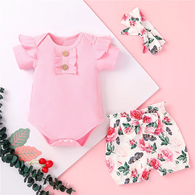 

Baby girl's summer fashion clothing 3pcs Infant Ruffle Short Sleeve Romper + Flower Print Shorts + Bow Hair Ornament