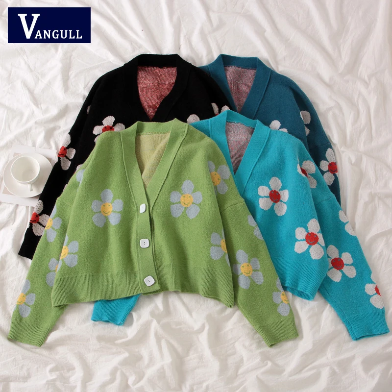 Vangull Preppy Style Flower Knit Cardigans Sweater Women V Neck Loose elegaht Thicked Pull Femme Print Short Casual Autumn Coat |