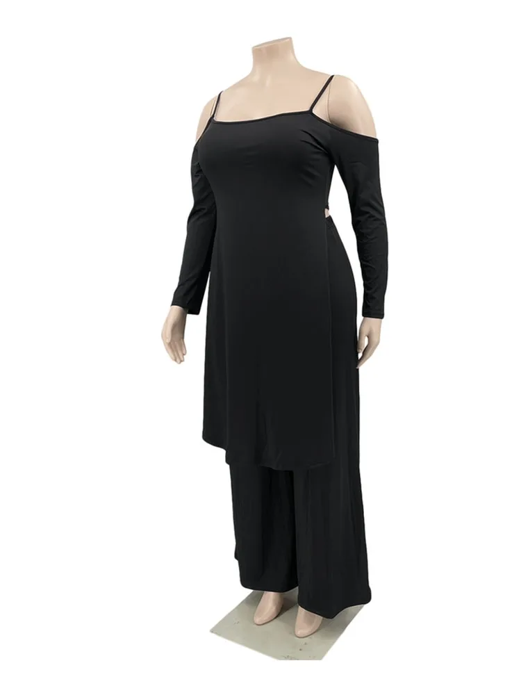 Plus Size 2 Piece Set Women Strap Off Shoulder Top and Wide Leg Pants Ladies Suits Sexy Outfits Wholesale Bulk Dropshipping