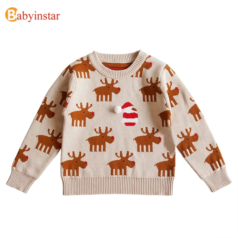 Babyinstar Новый рождественский двойной вязаный свитер с оленем для маленьких