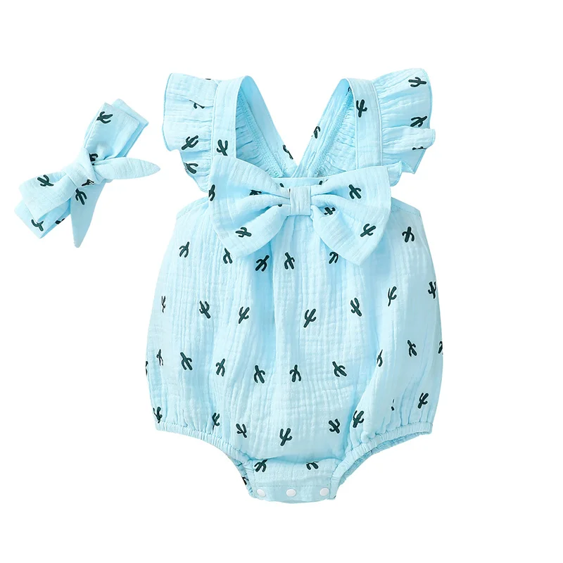 

Baby Girls summer Breathable Sleeveless Set 2pcs, Fashion Cactus Print Square Collar Jumpsuit with Ruffles + Bow-knot Headband