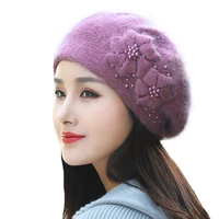 hat women angora beret winter knit warm beads double layers thermal snow outdoor skiing accessory cap headwear