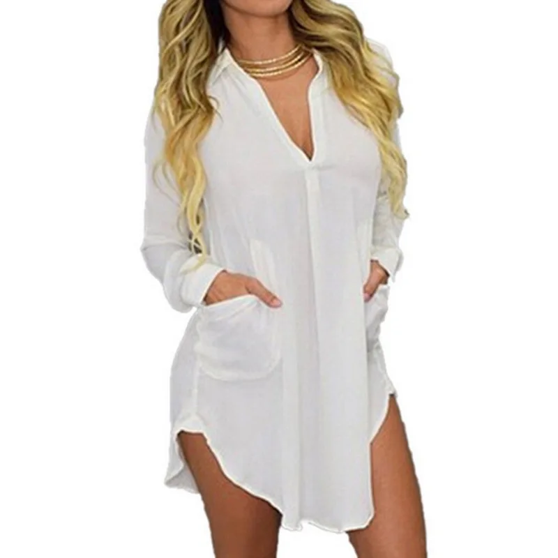 Litthing Женская однотонная длинная рубашка с длинными рукавами асимметричным